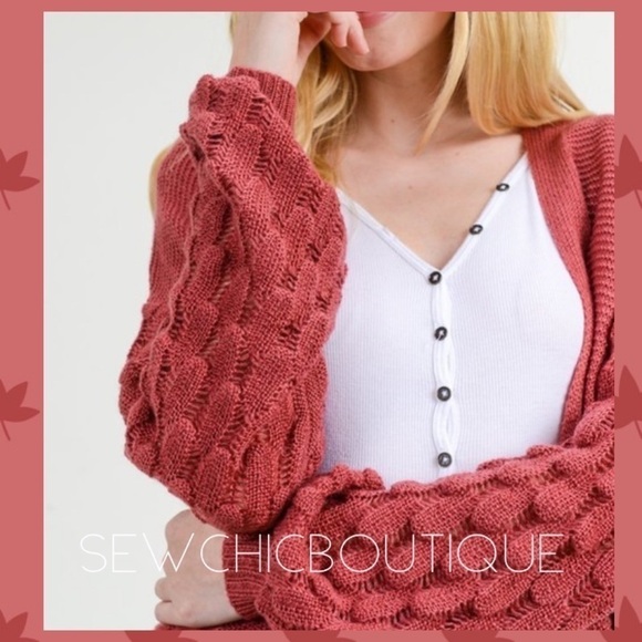 Solid Berry Knit Cardigan w/Scallop Sleeves - Picture 2 of 4